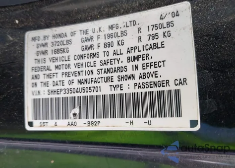 2004 Honda Civic Si from USA, damaged, VIN SHHEP33504U505701